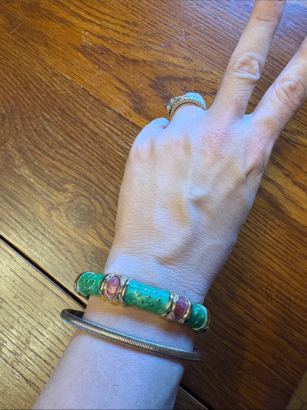 Gold-Tone Green and Pink Accent Women's Bracelet - Unbranded